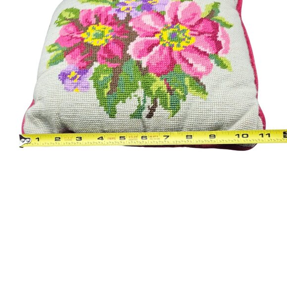 Vintage Floral Needlepoint Throw Pillow With Velvet Backing 11"x11" - Picture 11 of 16